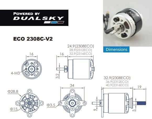 デュアルスカイ ECO 2308C-V2 アウトランナーブラシレスモーター2208 (1180RPM/240W)