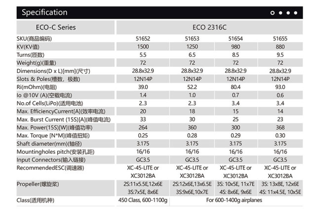 デュアルスカイ ECO 2316C-V2 アウトランナーブラシレスモーター2216 (880RPM/368W)