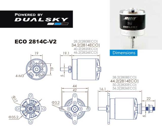 デュアルスカイ ECO 2814C-V2 アウトランナーブラシレスモーター (1120RPM/432W)