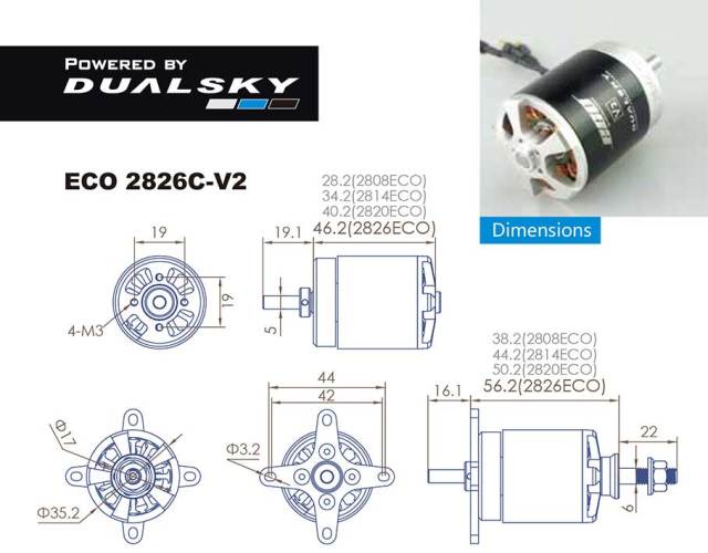 デュアルスカイ ECO 2826C-V2 アウトランナーブラシレスモーター (720RPM/750W)