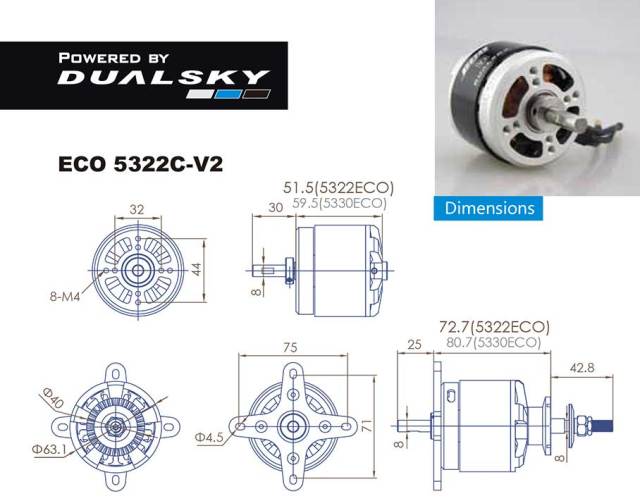 デュアルスカイ ECO 5322C-V2 アウトランナーブラシレスモーター (300RPM/2560W)