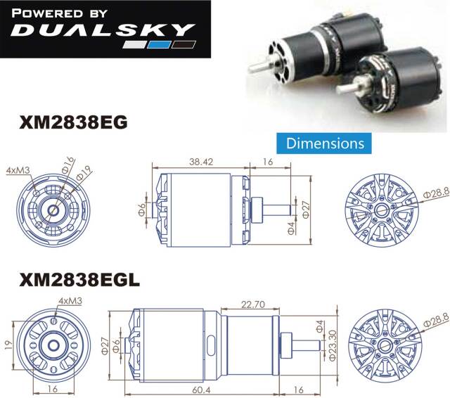 デュアルスカイ XM2838EG-7 1800RPM/V グライダー用アウトランナーブラシレスモーター