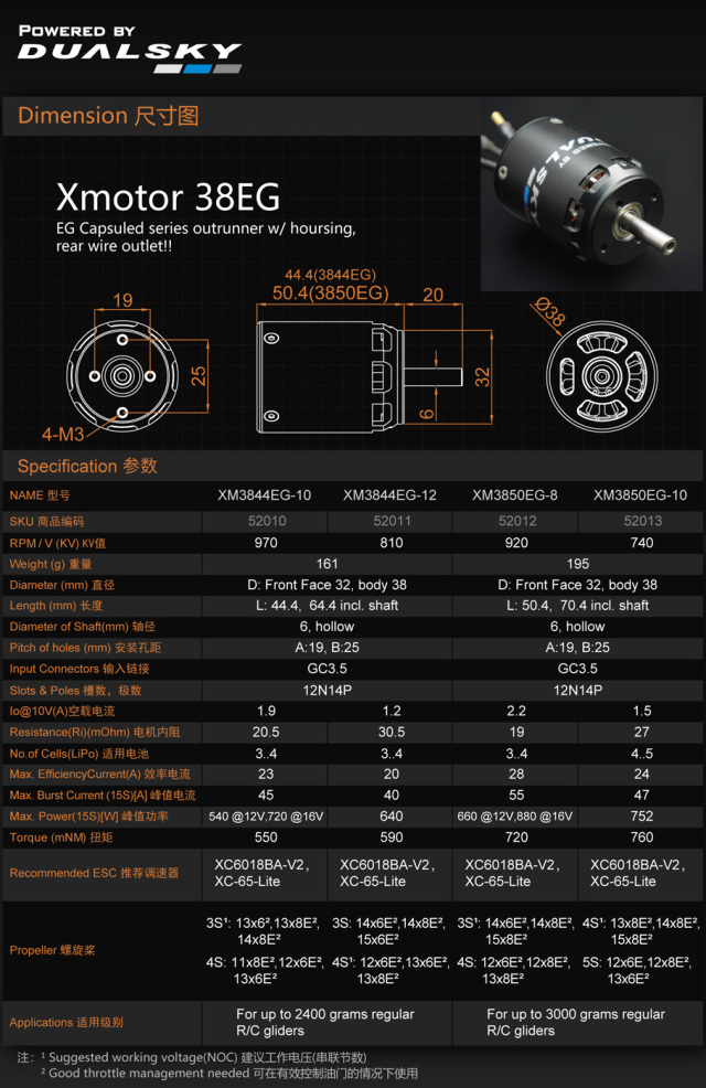 デュアルスカイ XM3044EG ハウジング付き新型アウトランナー・インランナー グライダー用モーター